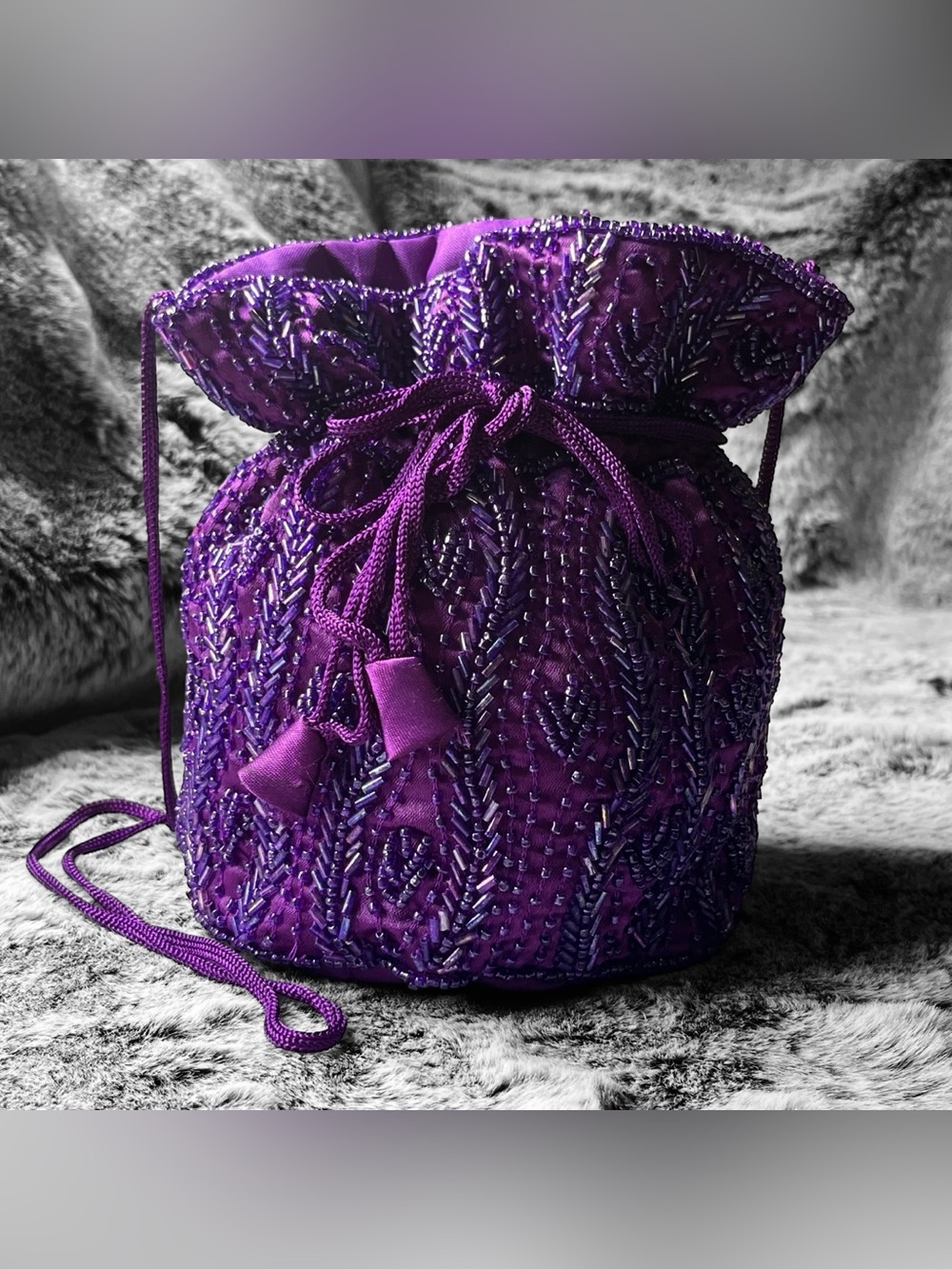 Artisan Purple Glass Beaded Drawstring Bucket Bag, Hand Embellished